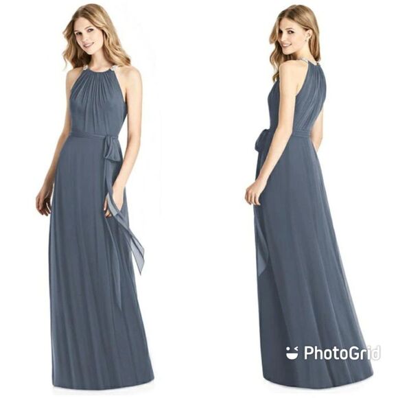 Jenny Packham Women's Full Length Lux Chiffon Beaded Neck Dress Size 12 Silverst - Picture 1 of 4